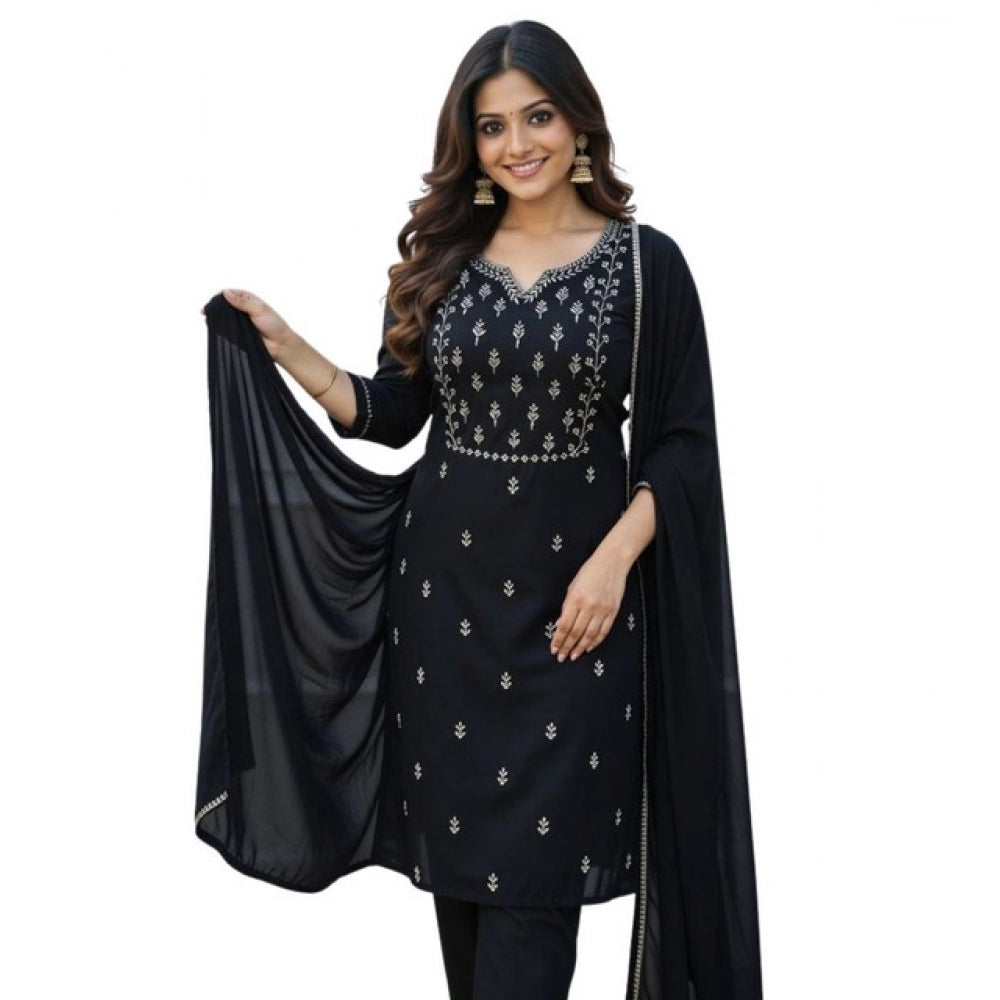 Women's Georgette Ethnic Motif Round 3/4th Sleeve Kurti With Pant Dupatta Set (Black)