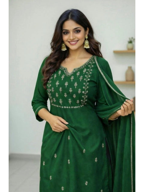 Women's Georgette Ethnic Motif Round 3/4th Sleeve Kurti With Pant Dupatta Set (Green)