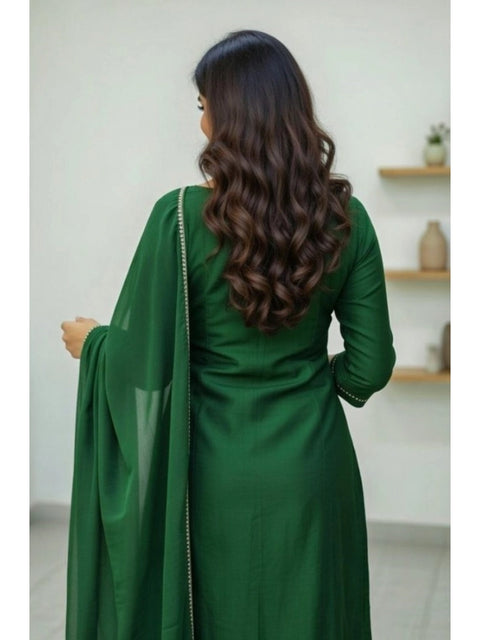Women's Georgette Ethnic Motif Round 3/4th Sleeve Kurti With Pant Dupatta Set (Green)