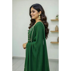 Women's Georgette Ethnic Motif Round 3/4th Sleeve Kurti With Pant Dupatta Set (Green)