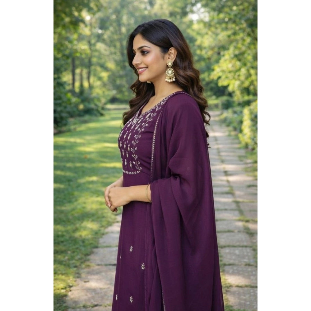Women's Georgette Ethnic Motif Round 3/4th Sleeve Kurti With Pant Dupatta Set (Magenta)