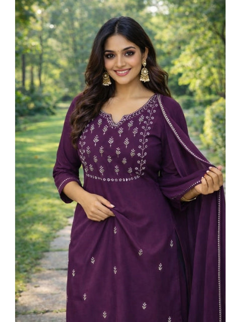 Generic Women's Georgette Ethnic Motif Round 3/4th Sleeve Kurti With Pant Dupatta Set (Magenta)