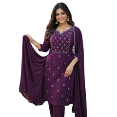 Women's Georgette Ethnic Motif Round 3/4th Sleeve Kurti With Pant Dupatta Set (Magenta)