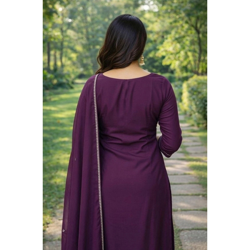 Women's Georgette Ethnic Motif Round 3/4th Sleeve Kurti With Pant Dupatta Set (Magenta)
