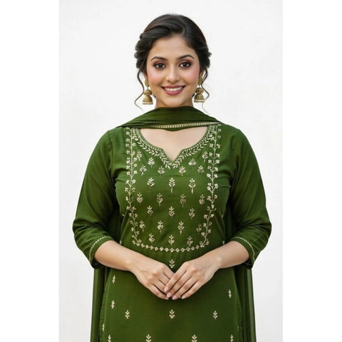 Women's Georgette Ethnic Motif Round 3/4th Sleeve Kurti With Pant Dupatta Set (Mahendi)