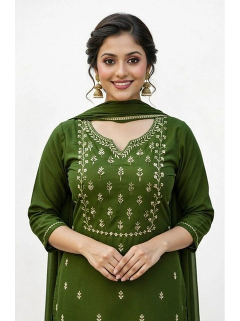Women's Georgette Ethnic Motif Round 3/4th Sleeve Kurti With Pant Dupatta Set (Mahendi)