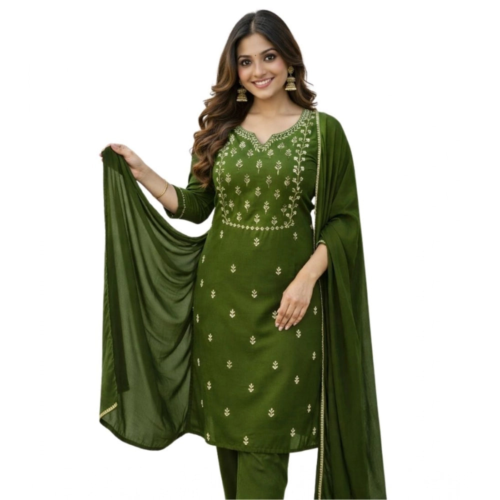 Women's Georgette Ethnic Motif Round 3/4th Sleeve Kurti With Pant Dupatta Set (Mahendi)