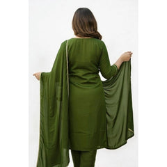 Women's Georgette Ethnic Motif Round 3/4th Sleeve Kurti With Pant Dupatta Set (Mahendi)