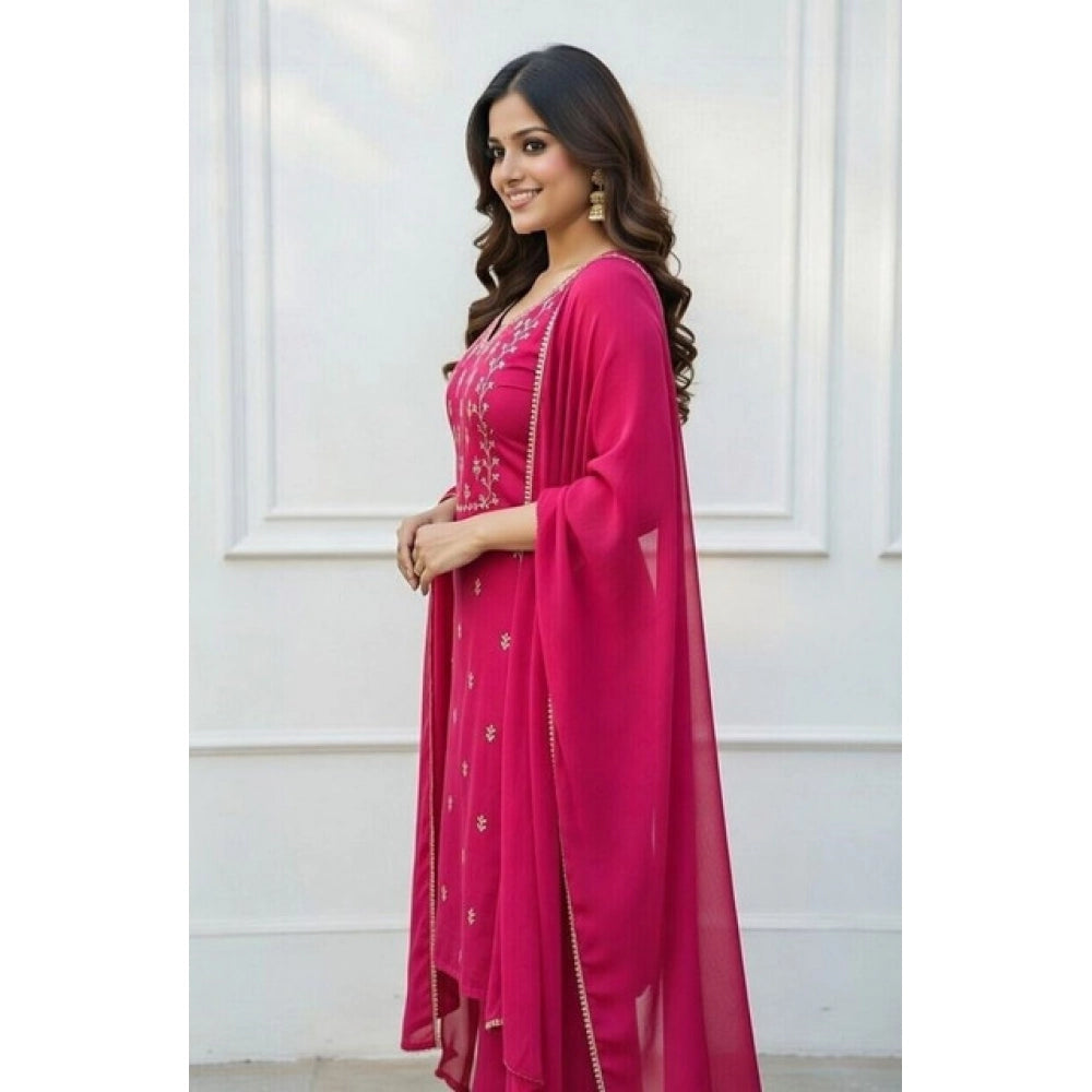 Women's Georgette Ethnic Motif Round 3/4th Sleeve Kurti With Pant Dupatta Set (Pink)