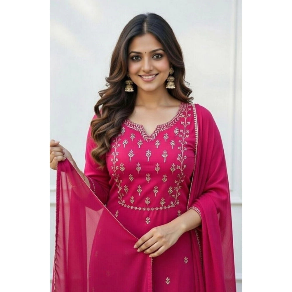 Women's Georgette Ethnic Motif Round 3/4th Sleeve Kurti With Pant Dupatta Set (Pink)