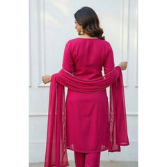 Women's Georgette Ethnic Motif Round 3/4th Sleeve Kurti With Pant Dupatta Set (Pink)