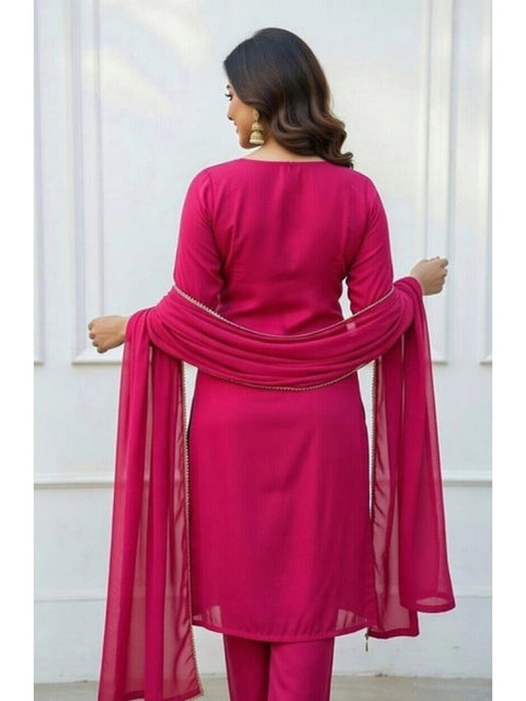 Women's Georgette Ethnic Motif Round 3/4th Sleeve Kurti With Pant Dupatta Set (Pink)
