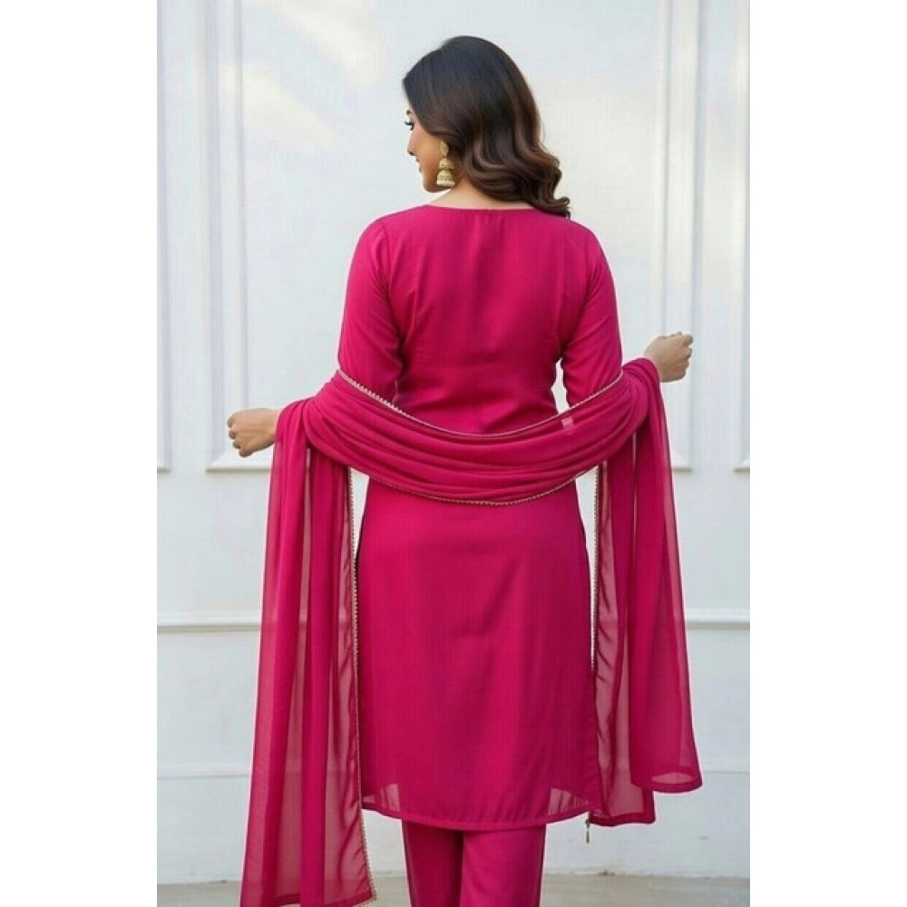 Women's Georgette Ethnic Motif Round 3/4th Sleeve Kurti With Pant Dupatta Set (Pink)
