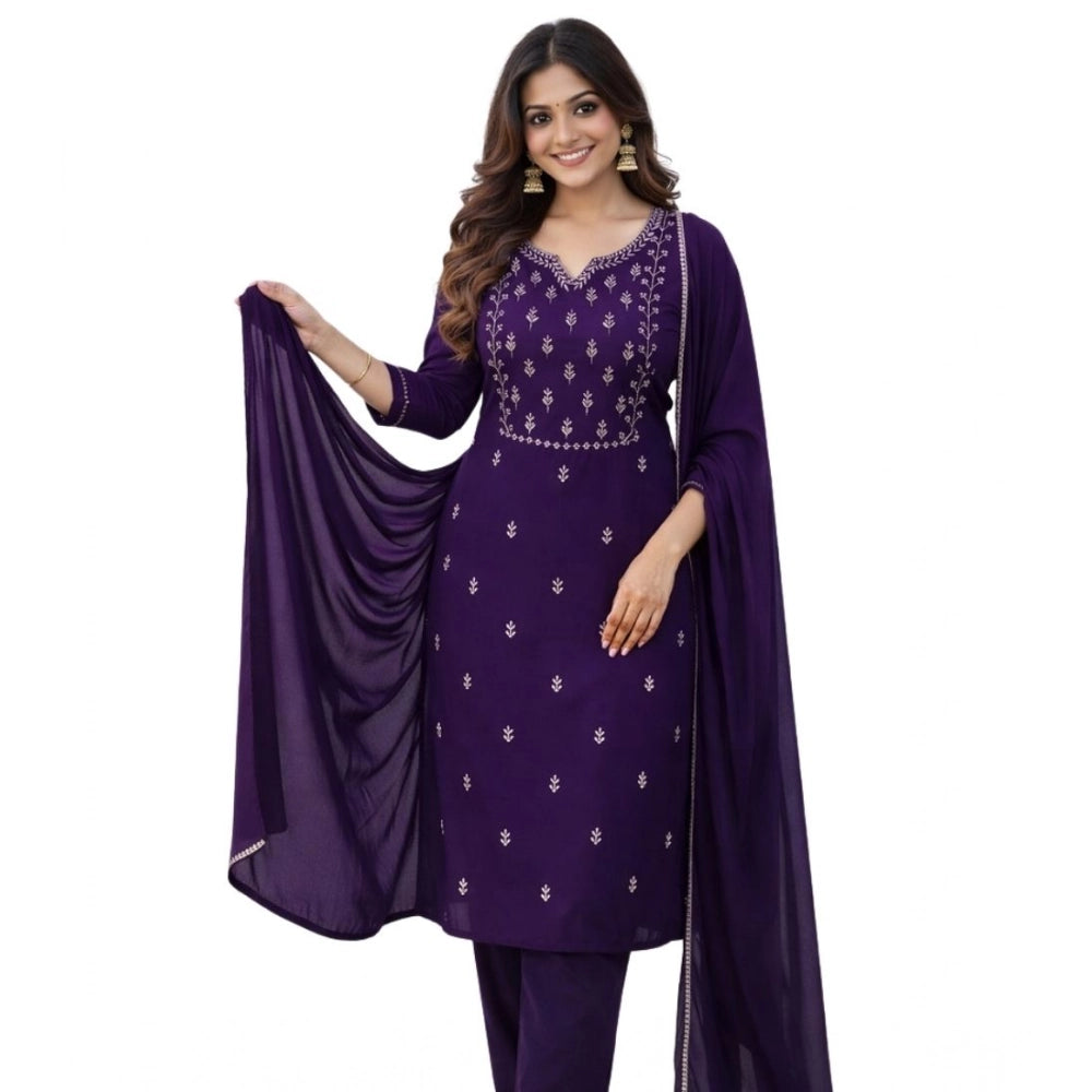 Women's Georgette Ethnic Motif Round 3/4th Sleeve Kurti With Pant Dupatta Set (Purple)