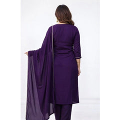 Women's Georgette Ethnic Motif Round 3/4th Sleeve Kurti With Pant Dupatta Set (Purple)