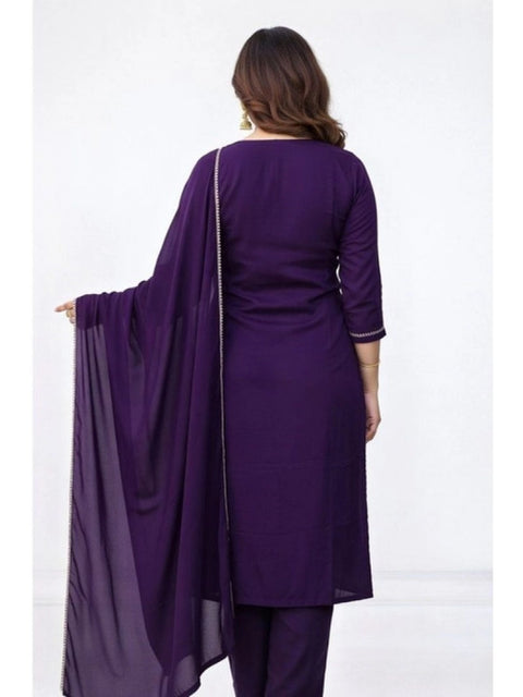Women's Georgette Ethnic Motif Round 3/4th Sleeve Kurti With Pant Dupatta Set (Purple)
