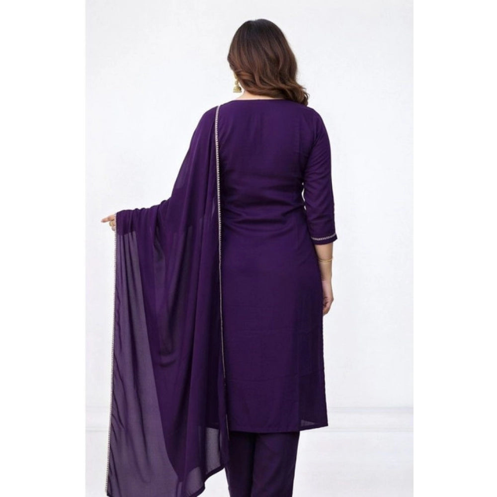 Women's Georgette Ethnic Motif Round 3/4th Sleeve Kurti With Pant Dupatta Set (Purple)