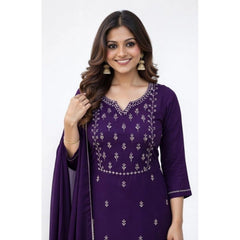 Women's Georgette Ethnic Motif Round 3/4th Sleeve Kurti With Pant Dupatta Set (Purple)