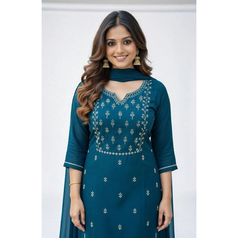 Women's Georgette Ethnic Motif Round 3/4th Sleeve Kurti With Pant Dupatta Set (Teal)