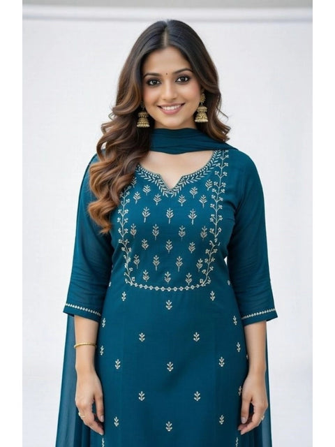 Women's Georgette Ethnic Motif Round 3/4th Sleeve Kurti With Pant Dupatta Set (Teal)