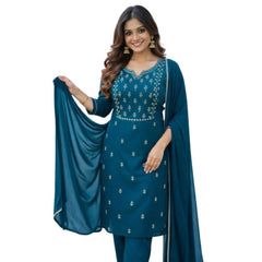 Women's Georgette Ethnic Motif Round 3/4th Sleeve Kurti With Pant Dupatta Set (Teal)