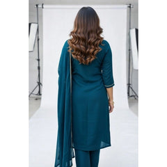 Women's Georgette Ethnic Motif Round 3/4th Sleeve Kurti With Pant Dupatta Set (Teal)