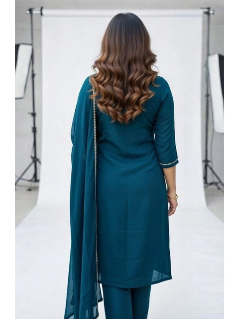 Women's Georgette Ethnic Motif Round 3/4th Sleeve Kurti With Pant Dupatta Set (Teal)
