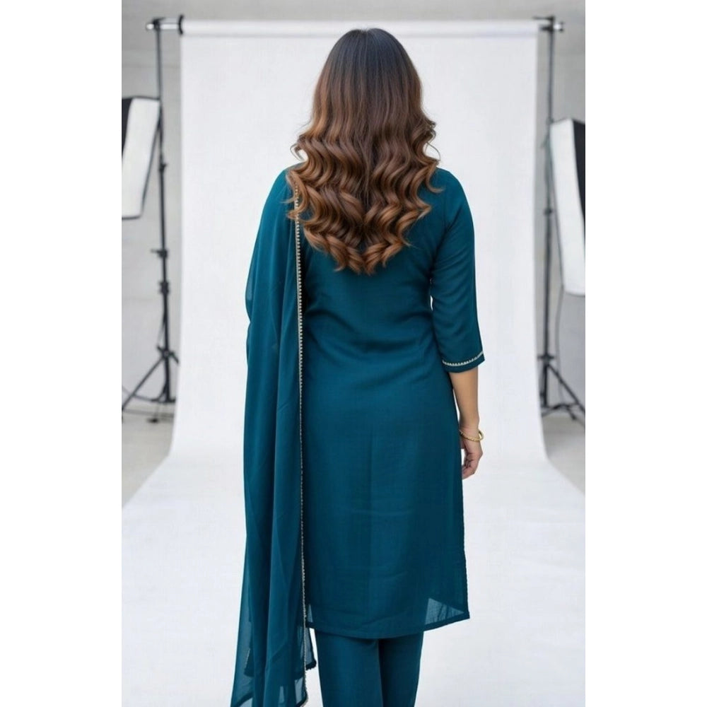 Women's Georgette Ethnic Motif Round 3/4th Sleeve Kurti With Pant Dupatta Set (Teal)