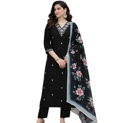 Generic Women's Chanderi Silk Ethnic Motif V-Neck 3/4th Sleeve Kurti With Pant Dupatta Set (Black)