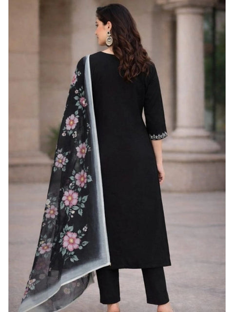 Generic Women's Chanderi Silk Ethnic Motif V-Neck 3/4th Sleeve Kurti With Pant Dupatta Set (Black)
