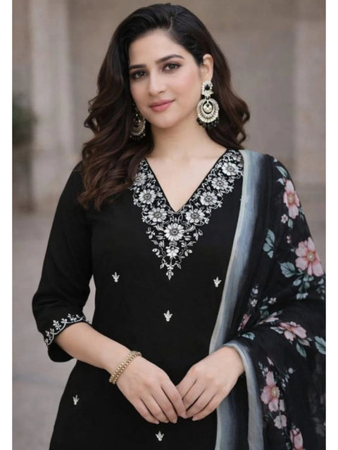 Generic Women's Chanderi Silk Ethnic Motif V-Neck 3/4th Sleeve Kurti With Pant Dupatta Set (Black)
