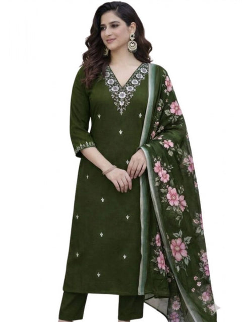Generic Women's Chanderi Silk Ethnic Motif V-Neck 3/4th Sleeve Kurti With Pant Dupatta Set (Mahendi)