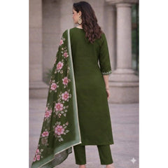 Generic Women's Chanderi Silk Ethnic Motif V-Neck 3/4th Sleeve Kurti With Pant Dupatta Set (Mahendi)