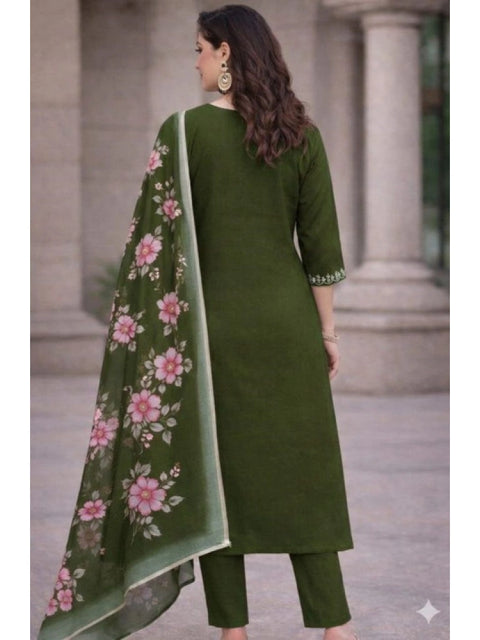 Generic Women's Chanderi Silk Ethnic Motif V-Neck 3/4th Sleeve Kurti With Pant Dupatta Set (Mahendi)