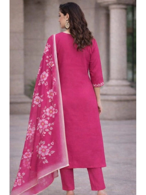 Generic Women's Chanderi Silk Ethnic Motif V-Neck 3/4th Sleeve Kurti With Pant Dupatta Set (Pink)