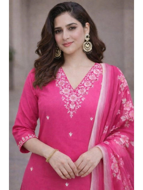Generic Women's Chanderi Silk Ethnic Motif V-Neck 3/4th Sleeve Kurti With Pant Dupatta Set (Pink)