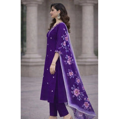 Generic Women's Chanderi Silk Ethnic Motif V-Neck 3/4th Sleeve Kurti With Pant Dupatta Set (Purple)