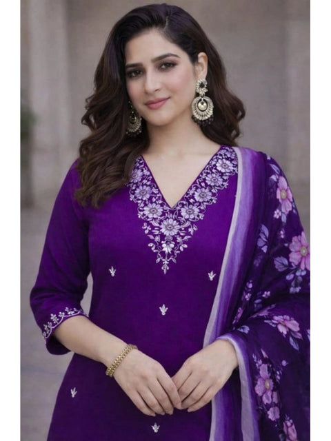 Generic Women's Chanderi Silk Ethnic Motif V-Neck 3/4th Sleeve Kurti With Pant Dupatta Set (Purple)
