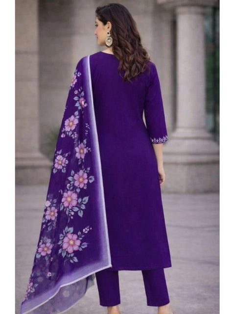 Generic Women's Chanderi Silk Ethnic Motif V-Neck 3/4th Sleeve Kurti With Pant Dupatta Set (Purple)