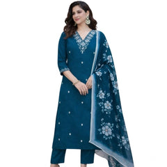 Generic Women's Chanderi Silk Ethnic Motif V-Neck 3/4th Sleeve Kurti With Pant Dupatta Set (Teal)
