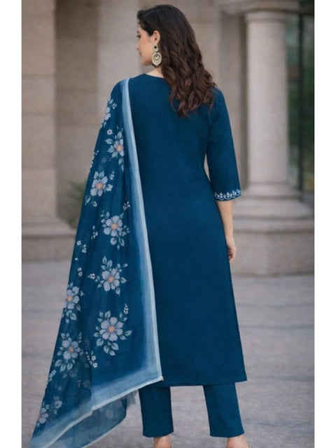 Generic Women's Chanderi Silk Ethnic Motif V-Neck 3/4th Sleeve Kurti With Pant Dupatta Set (Teal)