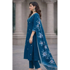 Generic Women's Chanderi Silk Ethnic Motif V-Neck 3/4th Sleeve Kurti With Pant Dupatta Set (Teal)