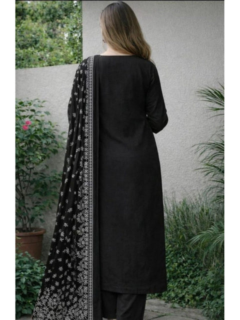 Generic Women's Chanderi Silk Ethnic Motif Round 3/4th Sleeve Kurti With Pant Dupatta Set (Black)