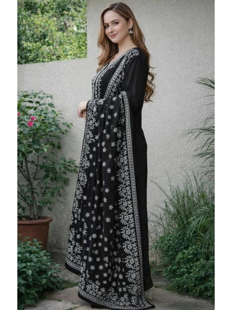 Generic Women's Chanderi Silk Ethnic Motif Round 3/4th Sleeve Kurti With Pant Dupatta Set (Black)
