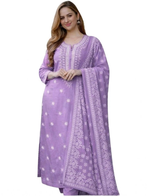 Generic Women's Chanderi Silk Ethnic Motif Round 3/4th Sleeve Kurti With Pant Dupatta Set (Lavender)