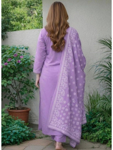 Generic Women's Chanderi Silk Ethnic Motif Round 3/4th Sleeve Kurti With Pant Dupatta Set (Lavender)