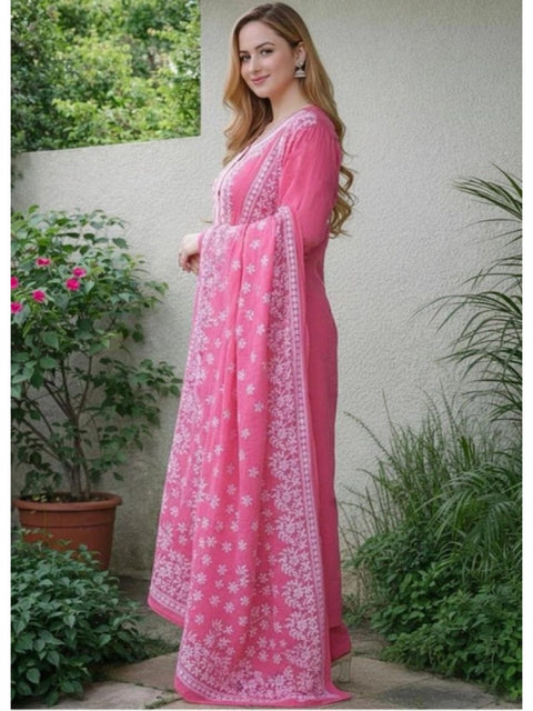 Generic Women's Chanderi Silk Ethnic Motif Round 3/4th Sleeve Kurti With Pant Dupatta Set (Pink)