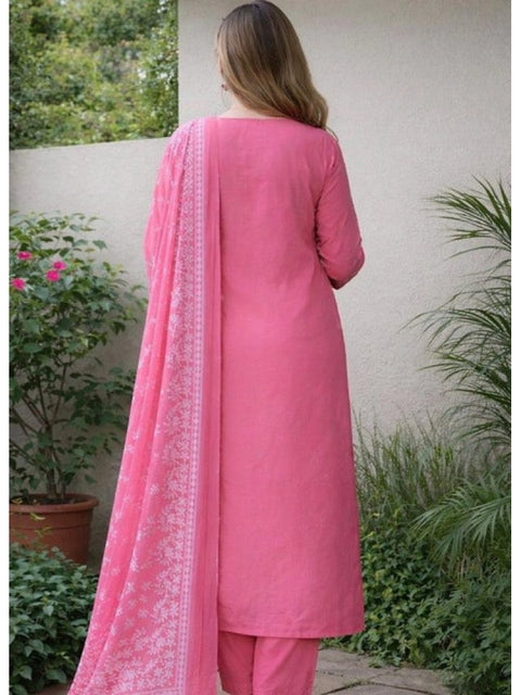 Generic Women's Chanderi Silk Ethnic Motif Round 3/4th Sleeve Kurti With Pant Dupatta Set (Pink)