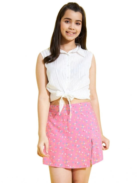 Generic Girl's Polyester Lurex Printed Sleeveless Skorts Set (White-Pink)