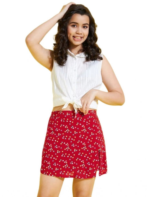 Generic Girl's Polyester Lurex Printed Sleeveless Skorts Set (White-Red)